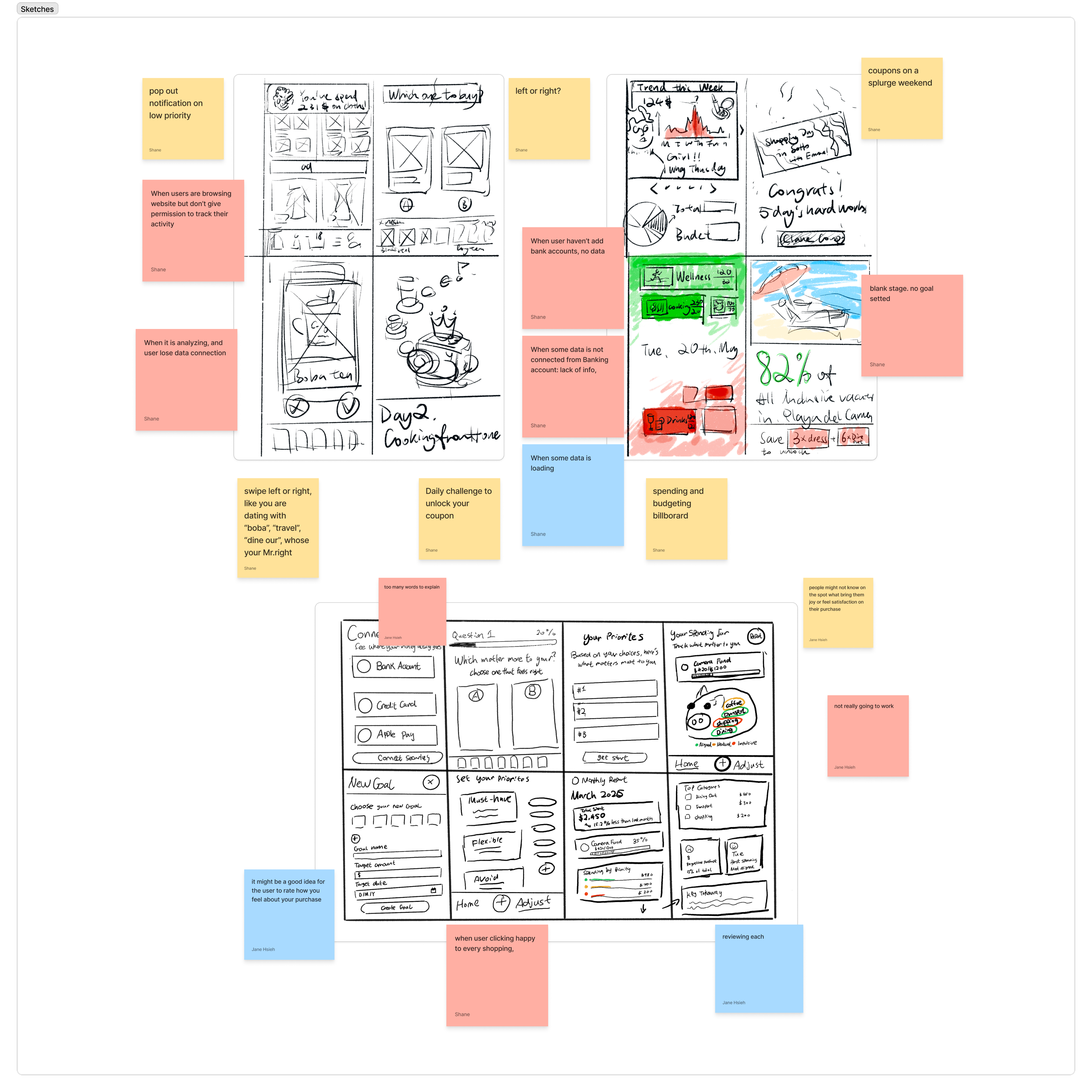 Sketch explorations and sticky-note ideation for Penny