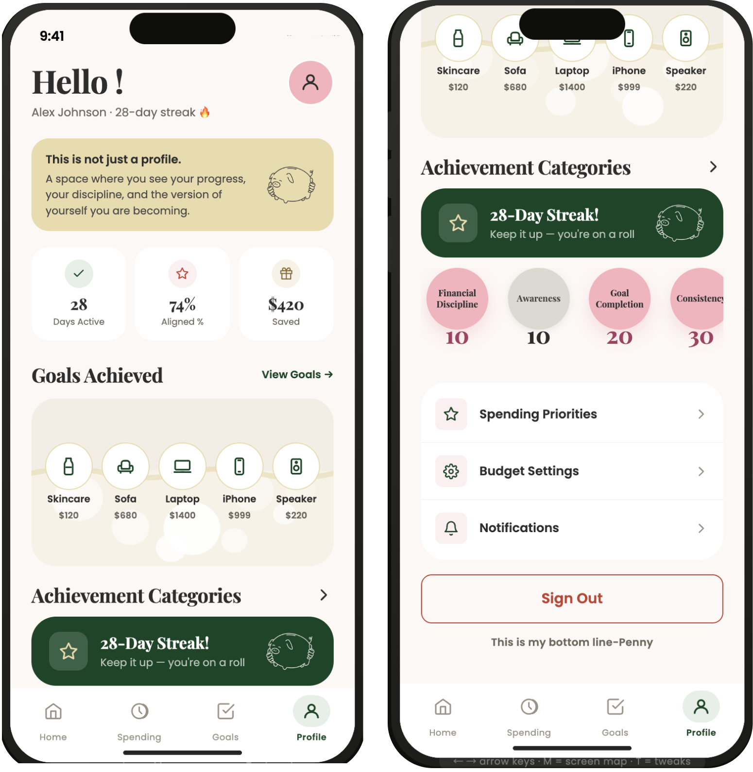 Profile and achievements mockup