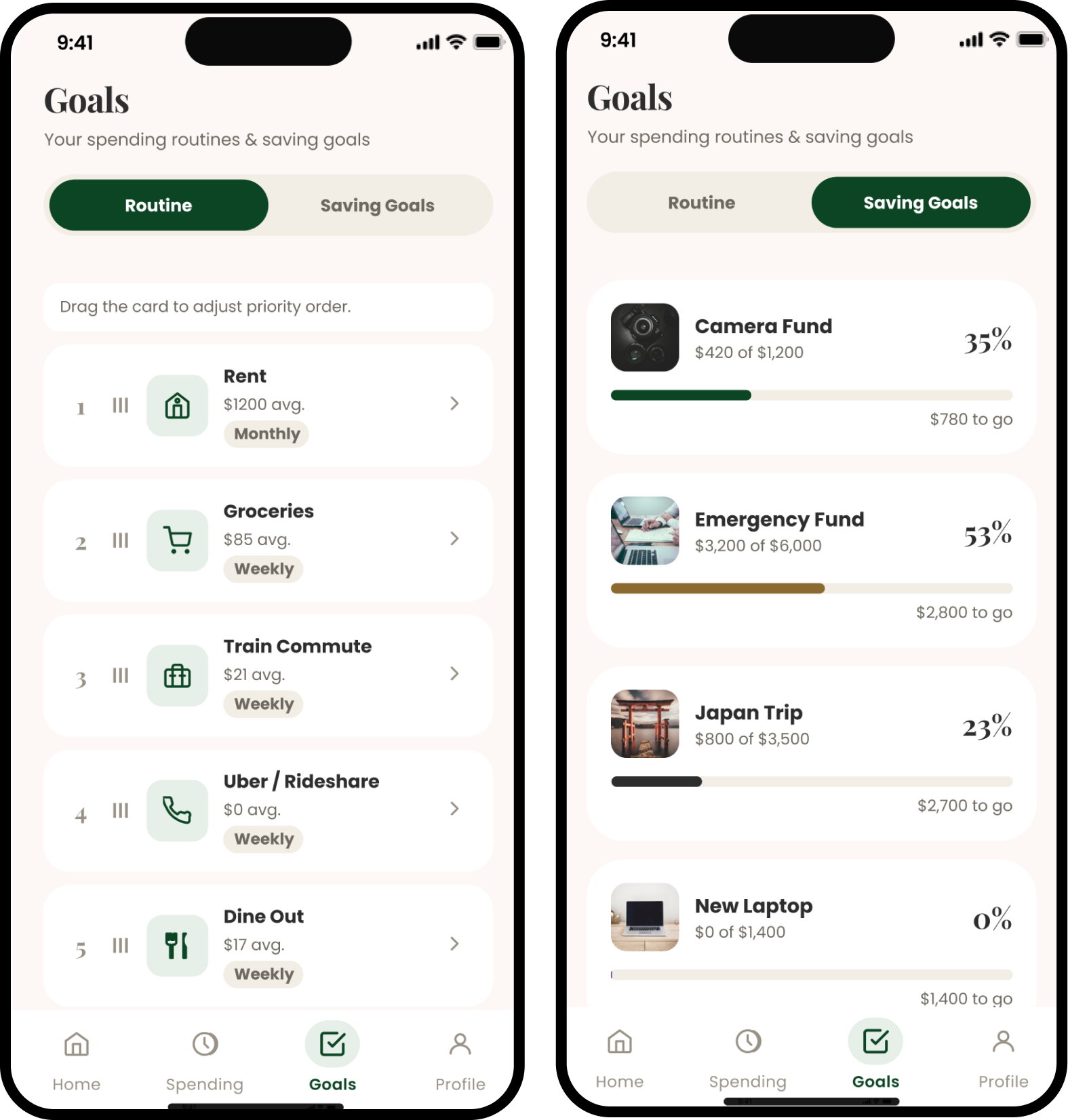 Routine goals mockup