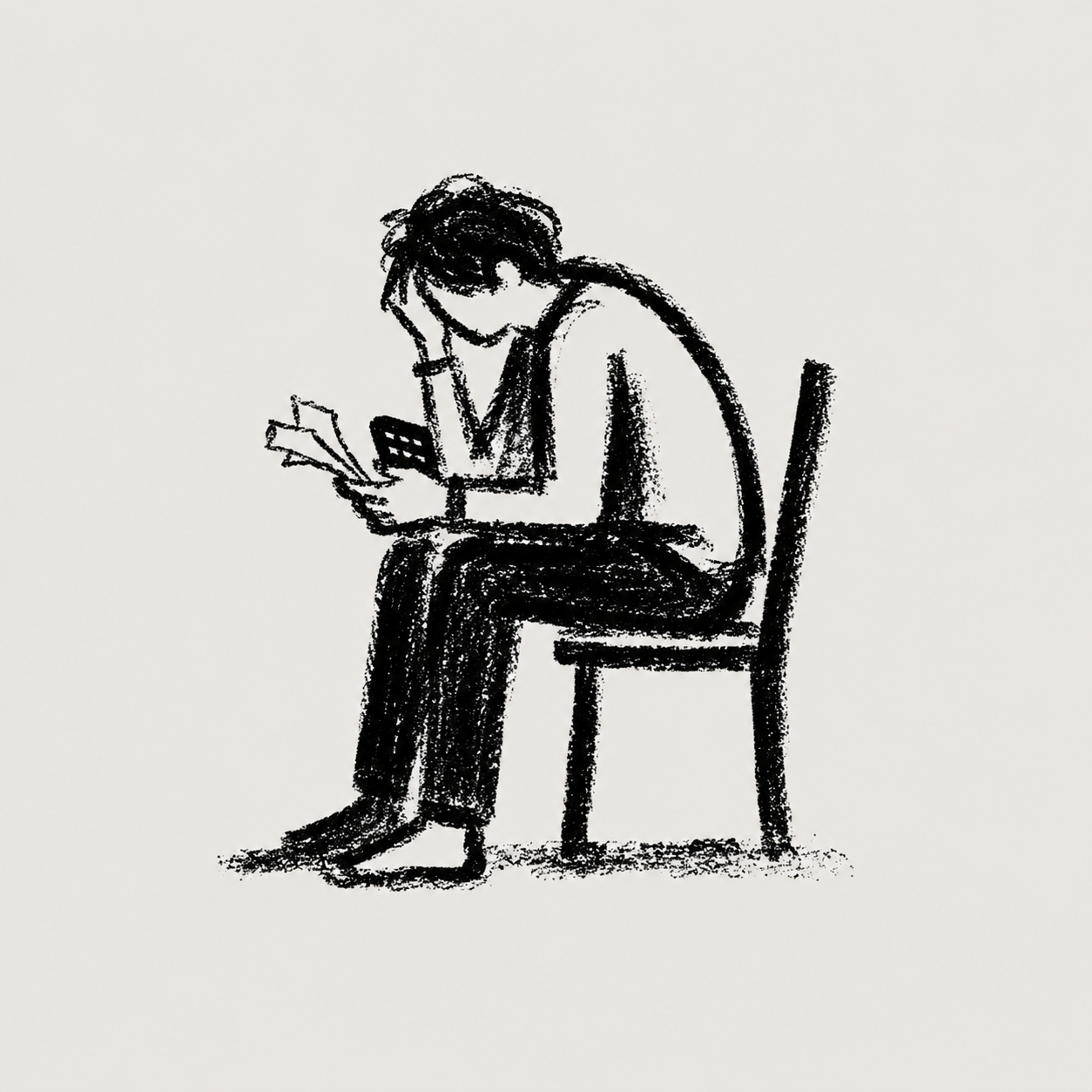 Sketch: stressed person reviewing paperwork after spending