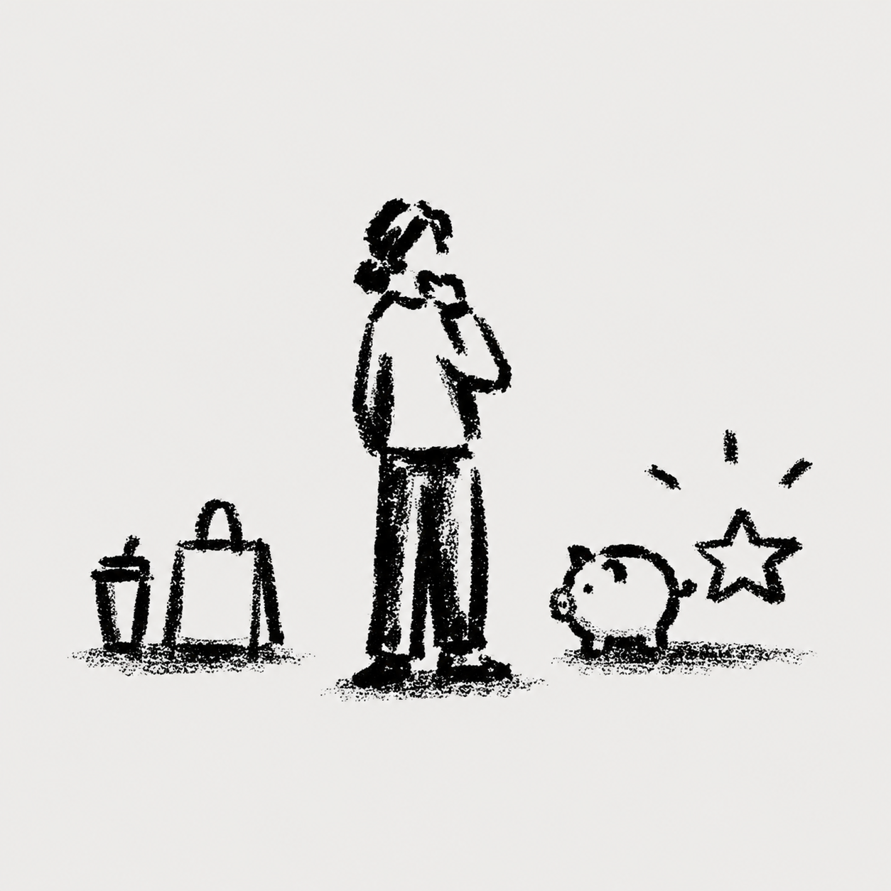 Sketch: person with shopping bags choosing near a piggy bank